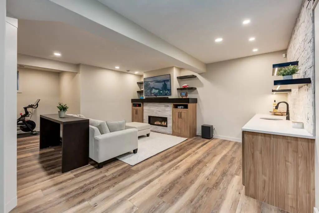 A beautiful basement with hardwood floors