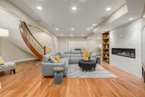 majestic basement with exquisite staircase and embedded fireplace