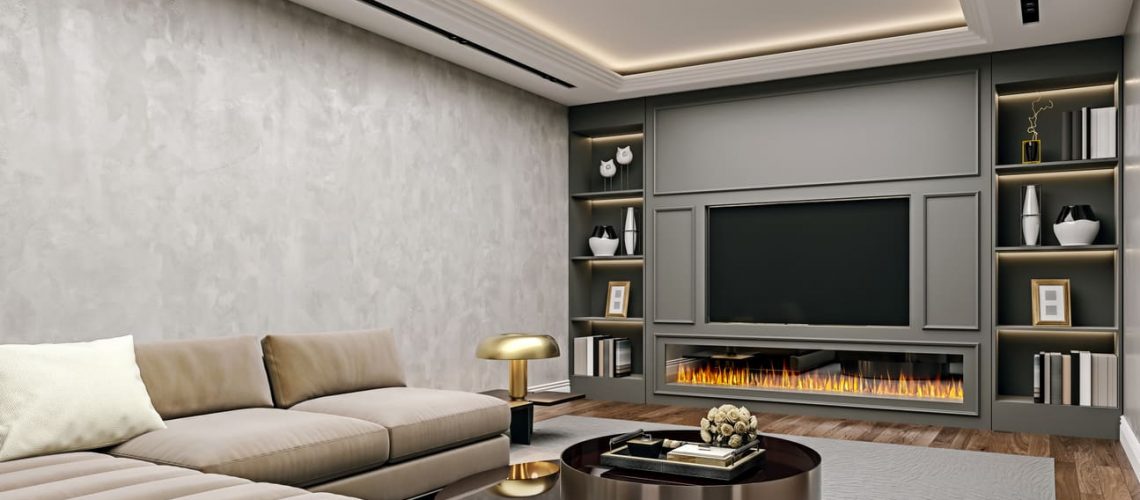 Modern interior design of living room in basement, angled close up view of tv wall with book shelves, stucco plaster, wooden flooring, 3d rendering